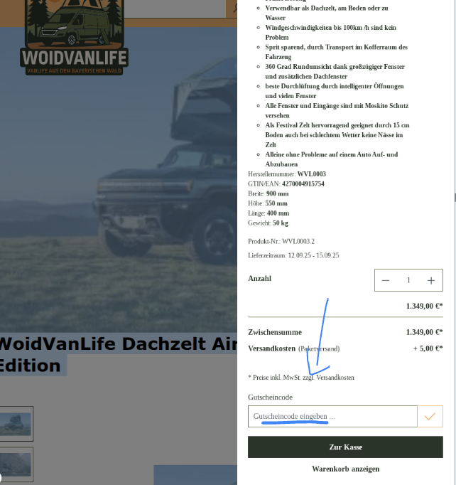 Rabattcode bei Woidvanlife eingeben