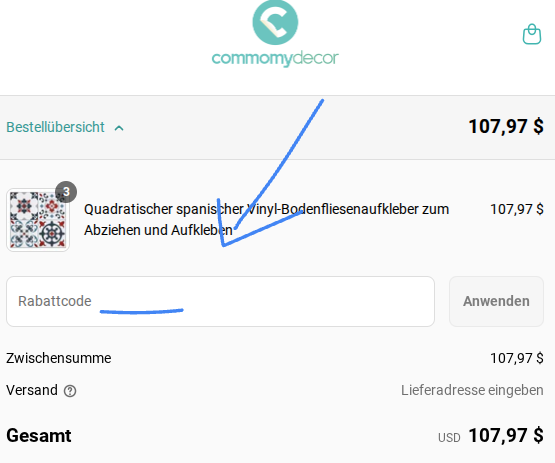 So löst man einen Rabattcode bei commomydecor.